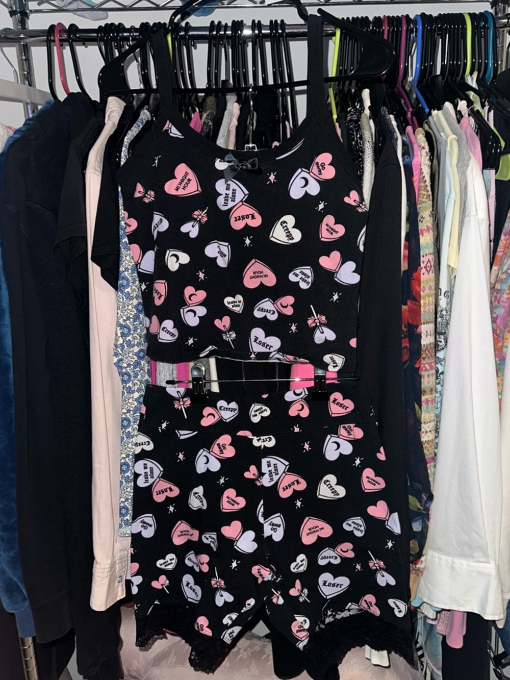 Hot Topic Midnight Hour , Black Heart Print Pajama Set with Pink Hearts